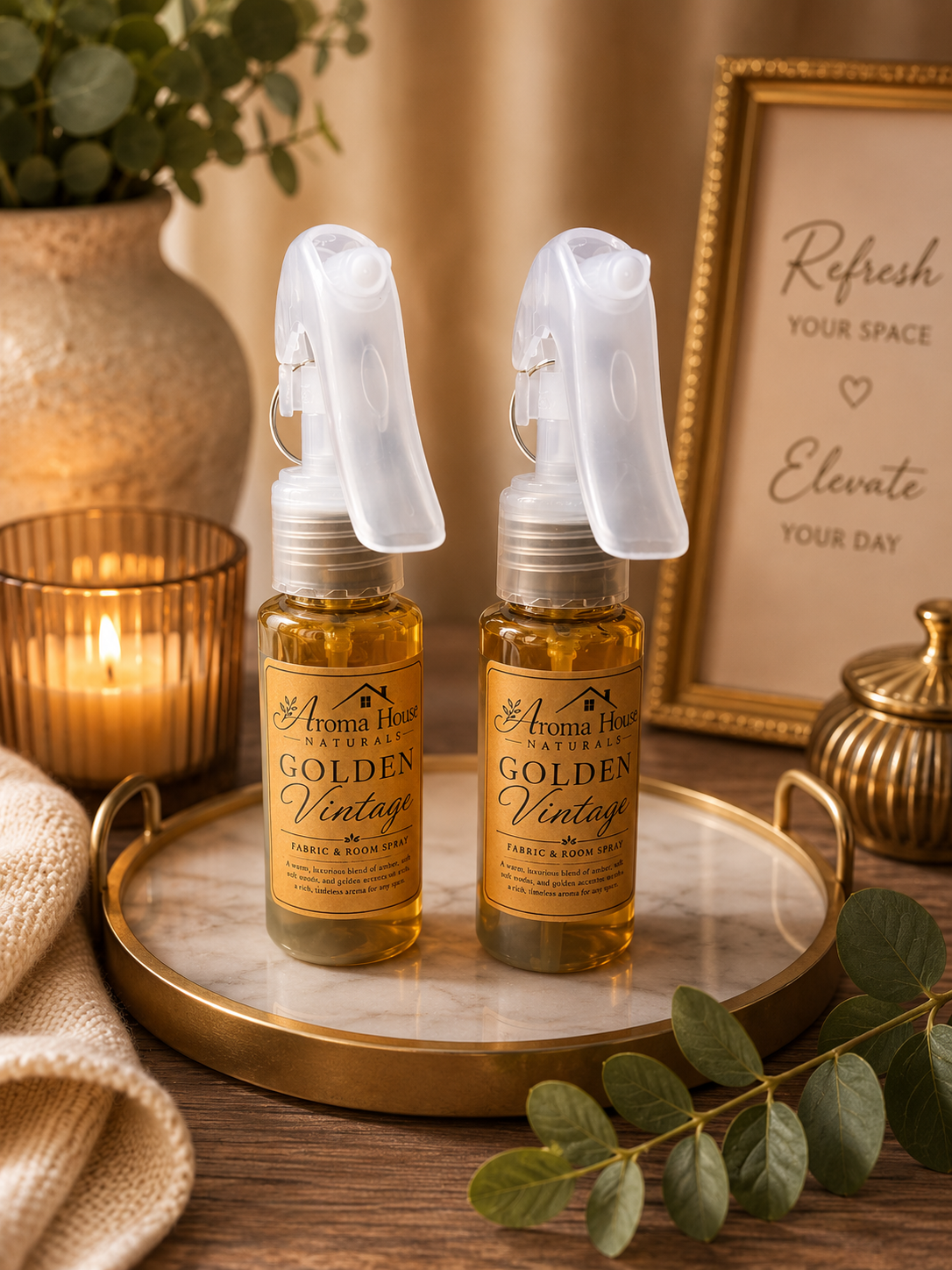 Golden vintage Luxury Fabric & Room Spray – Elegant Floral Home Fragrance